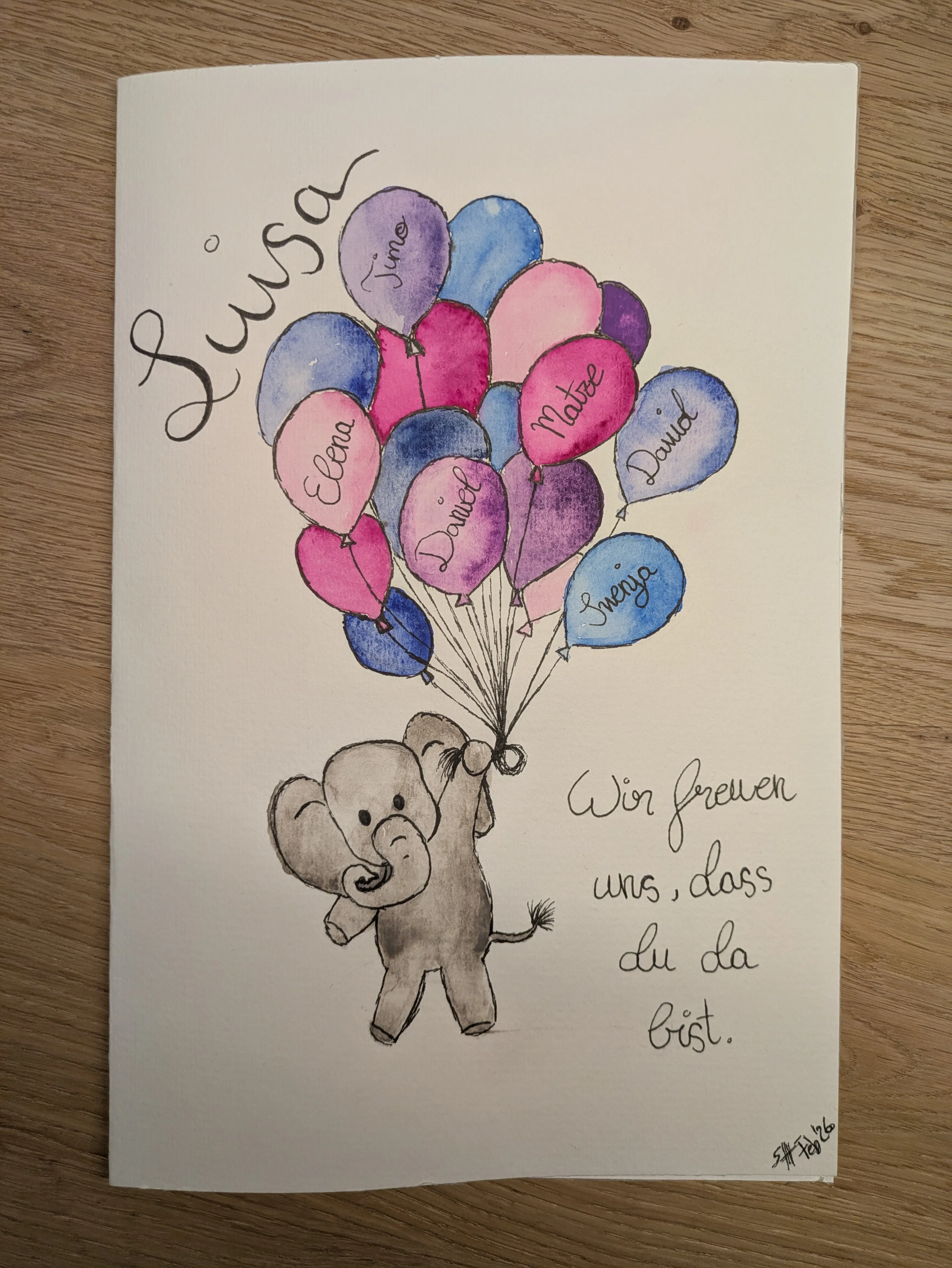 A4-Klappkarte mit handgemaltem Elefant und Luftballons